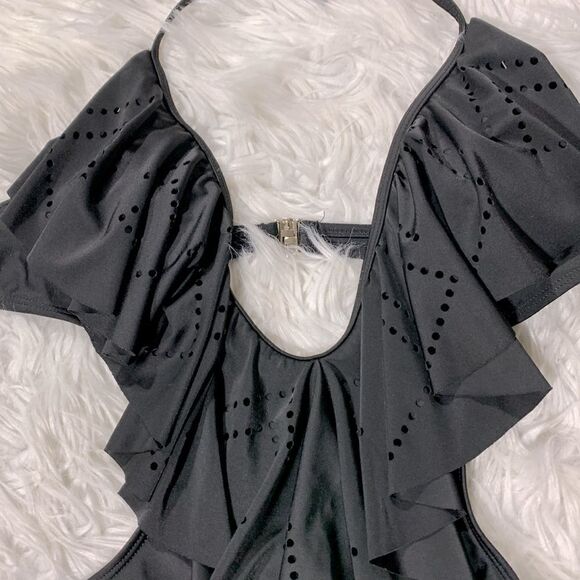 ONE PIECE swimsuit plunging Vneck ruffles tie at neck back strap sz L - Picture 3 of 8